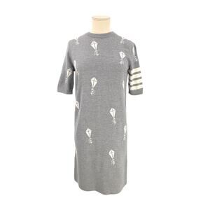 Thom Browne Merino Wool Midi Sweater Dress Grey Kites Womens XXS /00
